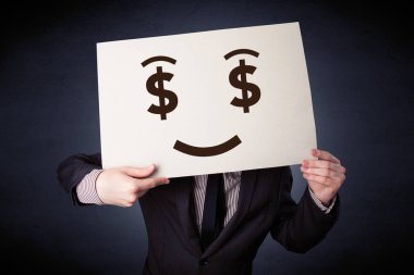 Aç gözlü duygu ile kağıt tutan işadamı 