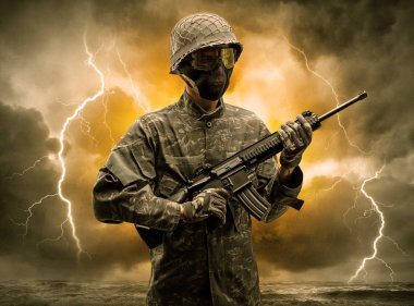 Silahlı asker anlaşılması güç bir havada duran