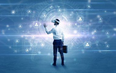 Bağlantı denetimi vj gözlüklü işadamı