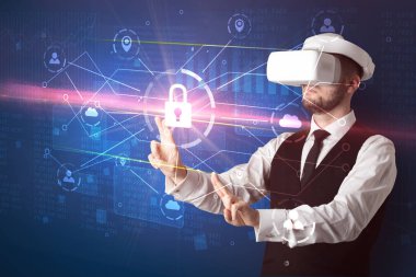 Adam ile 3d ağ kavramı kilidini Vr koruyucu gözlük