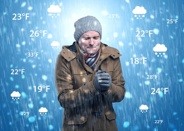 Hava durumu konsepti ile sıcak giysiler içinde buz gibi çocuk