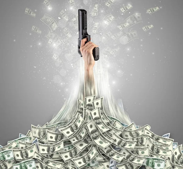 Hand bursting out from a money heap — Stock Photo, Image