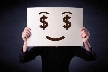 Aç gözlü duygu ile kağıt tutan işadamı 