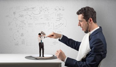 Büyük işadamı doodled grafikler konsepti ile bir yemek küçük yaş