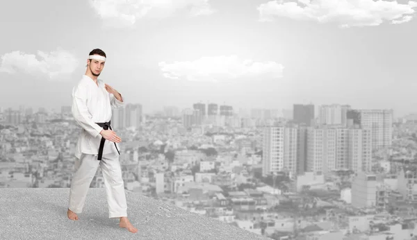 Karate man doing karate tricks  on the top of a metropolitan city