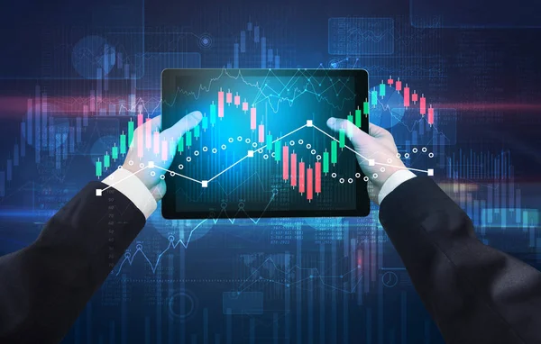 Hand holding tablet with global reports and stock market change concept — Stock Photo, Image