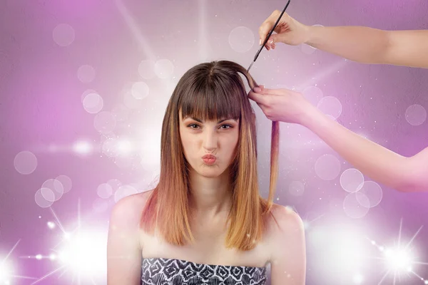 Young woman portrait with shiny pink salon concept — Stock Photo, Image