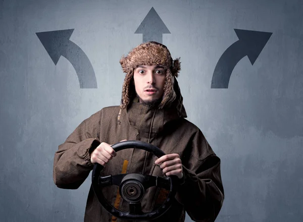 Man holding steering wheel — Stock Photo, Image