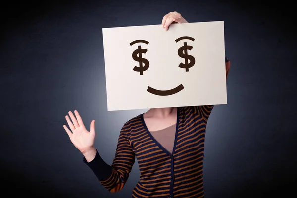 Woman holding paper with greedy emotion — Stock Photo, Image