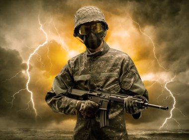 Silahlı asker anlaşılması güç bir havada duran
