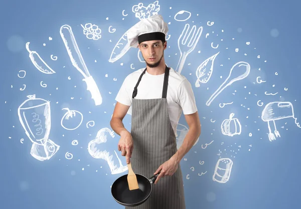 Молодой повар с рисунком мелом суп рецепт концепции — стоковое фото