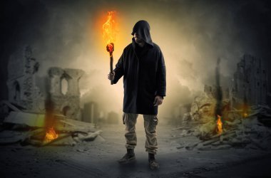 Flambeau bir felaket sahne kavramı yanan ile gelen adam