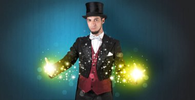 Illusionist holding superpower on his hand clipart