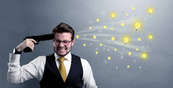 Man Shoots His Head Gun Idea Bulbs Coming Out His — Stock Photo, Image