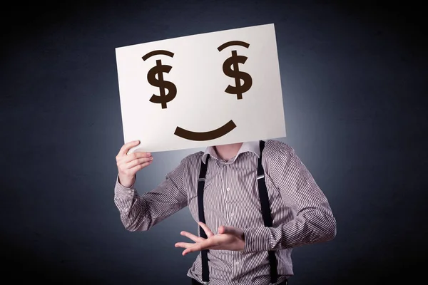 Podnikatel, drží papír s chamtivý emoce — Stock fotografie