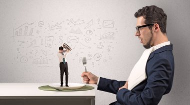 Büyük işadamı doodled grafikler konsepti ile bir yemek küçük yaş