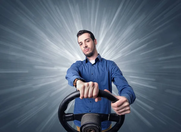 Man holding steering wheel — Stock Photo, Image