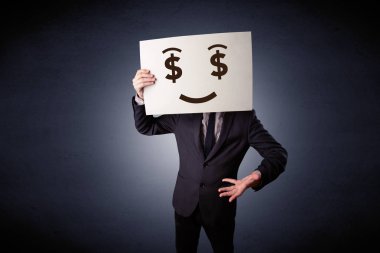 Aç gözlü duygu ile kağıt tutan işadamı 