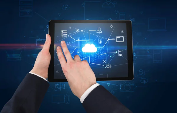 First person view of tablet with cloud office concept — Stock Photo, Image