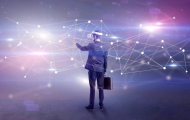 İşadamı vj gözlük ve bağlantı kavramı ile