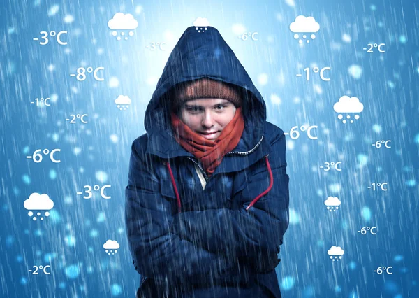 Boy freezing in warm clothing with weather condition concept — Stock Photo, Image