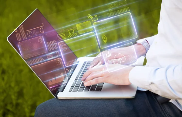 Hand using laptop information database concept — Stock Photo, Image