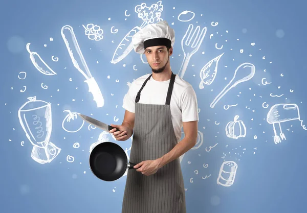 Jovem cozinheiro com giz desenho conceito de receita de sopa — Fotografia de Stock