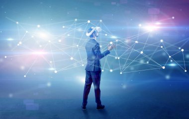 İşadamı vj gözlük ve bağlantı kavramı ile