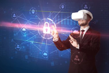 Adam ile 3d ağ kavramı kilidini Vr koruyucu gözlük