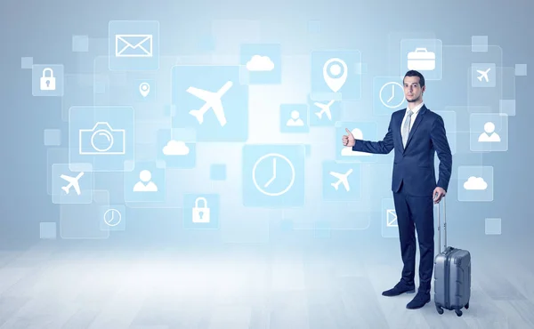 Businessman departs to a business trip with symbols — Stock Photo, Image