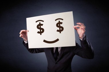 Aç gözlü duygu ile kağıt tutan işadamı 