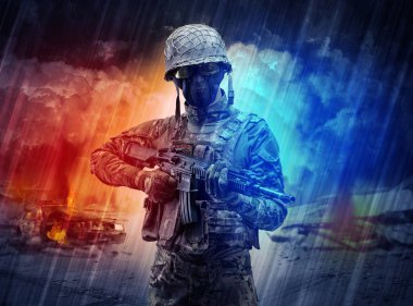 Silahlı asker toz fırtınanın ortasında duran