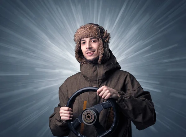 Man holding steering wheel — Stock Photo, Image