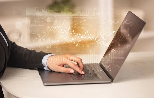 Business woman working on laptop with global financial report concept — Stock Photo, Image