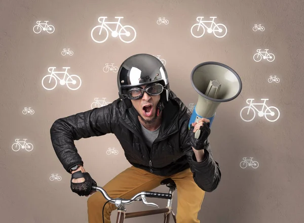 Genç Saçma Motorcu Hattı Ile Bisiklet Arka Plan Üzerinde Çizilmiş — Stok fotoğraf
