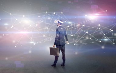 İşadamı vj gözlük ve bağlantı kavramı ile