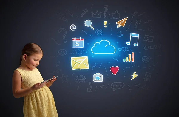 Girl holding tablet with applications concept — Stock Photo, Image