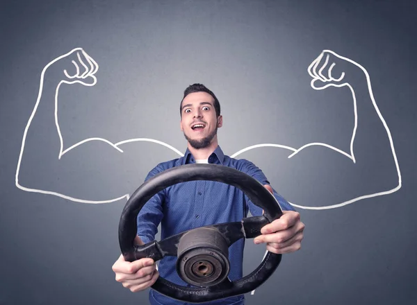 Man holding steering wheel — Stock Photo, Image