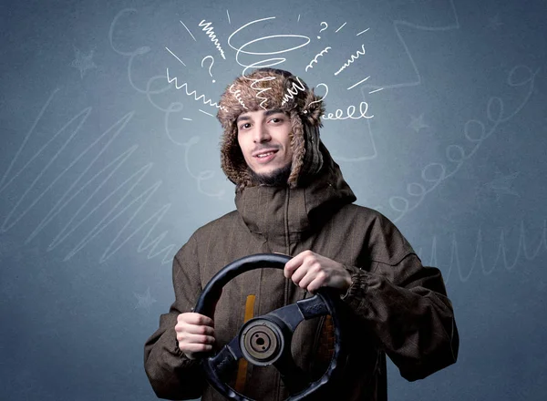 Man holding steering wheel — Stock Photo, Image