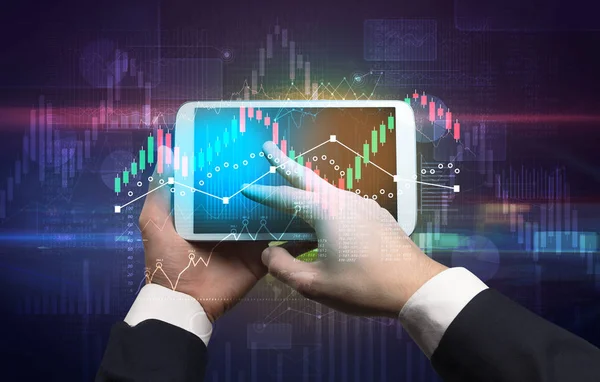 Hand holding tablet with global reports and stock market change concept — Stock Photo, Image