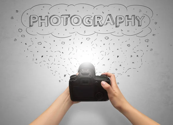 Hand photo shooting with message cloud concept — Stock Photo, Image