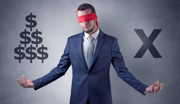 Man with ribbon on his eye holding dollar signs — Stock Photo, Image