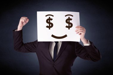 Aç gözlü duygu ile kağıt tutan işadamı 