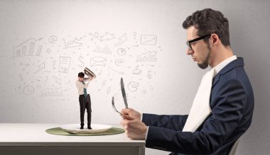 Büyük işadamı doodled grafikler konsepti ile bir yemek küçük yaş