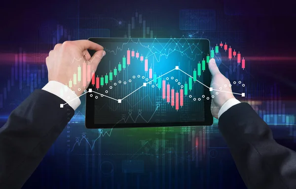 Hand holding tablet with global reports and stock market change concept — Stock Photo, Image