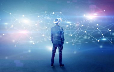 İşadamı vj gözlük ve bağlantı kavramı ile