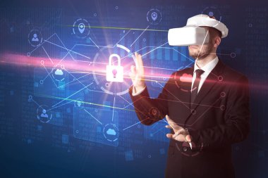 Adam ile 3d ağ kavramı kilidini Vr koruyucu gözlük