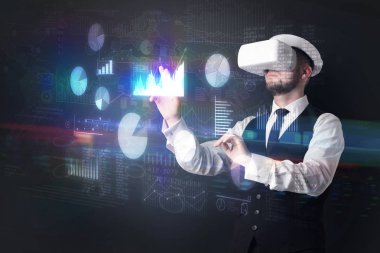 VR giyen adam grafikleri ve raporları ile koruyucu gözlük