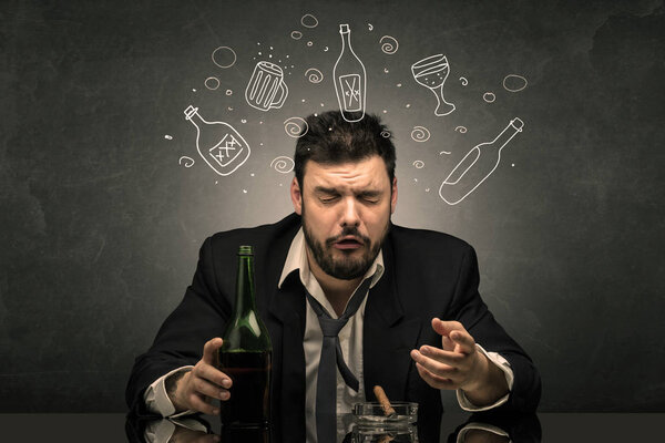 Drunk man with doodle alcohol bottles concept