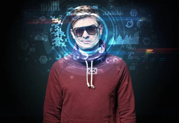 Gesichtserkennungssystem Junger Mann Mit Dunklem Hintergrund Gesichtserkennungskonzept — Stockfoto